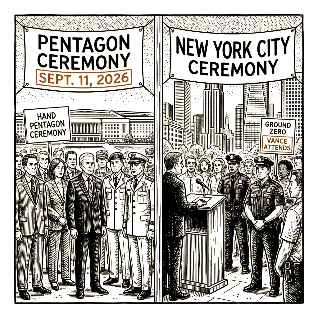 Illustration accompanying article: Trump to observe 9/11 anniversary at Pentagon; Vance to attend NYC ceremony
