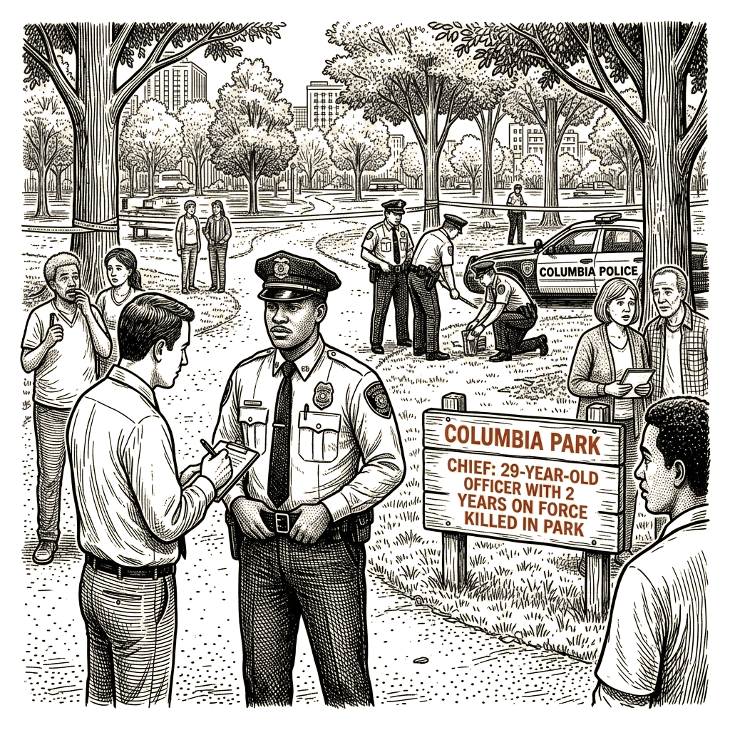 Illustration accompanying article: Columbia chief: 29-year-old officer with 2 years on force killed in park