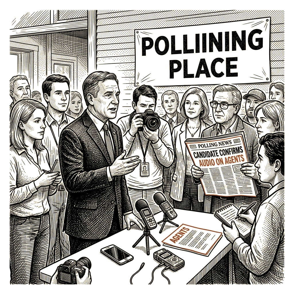 Illustration accompanying article: Maine governor candidate confirms audio on federal agents at polls