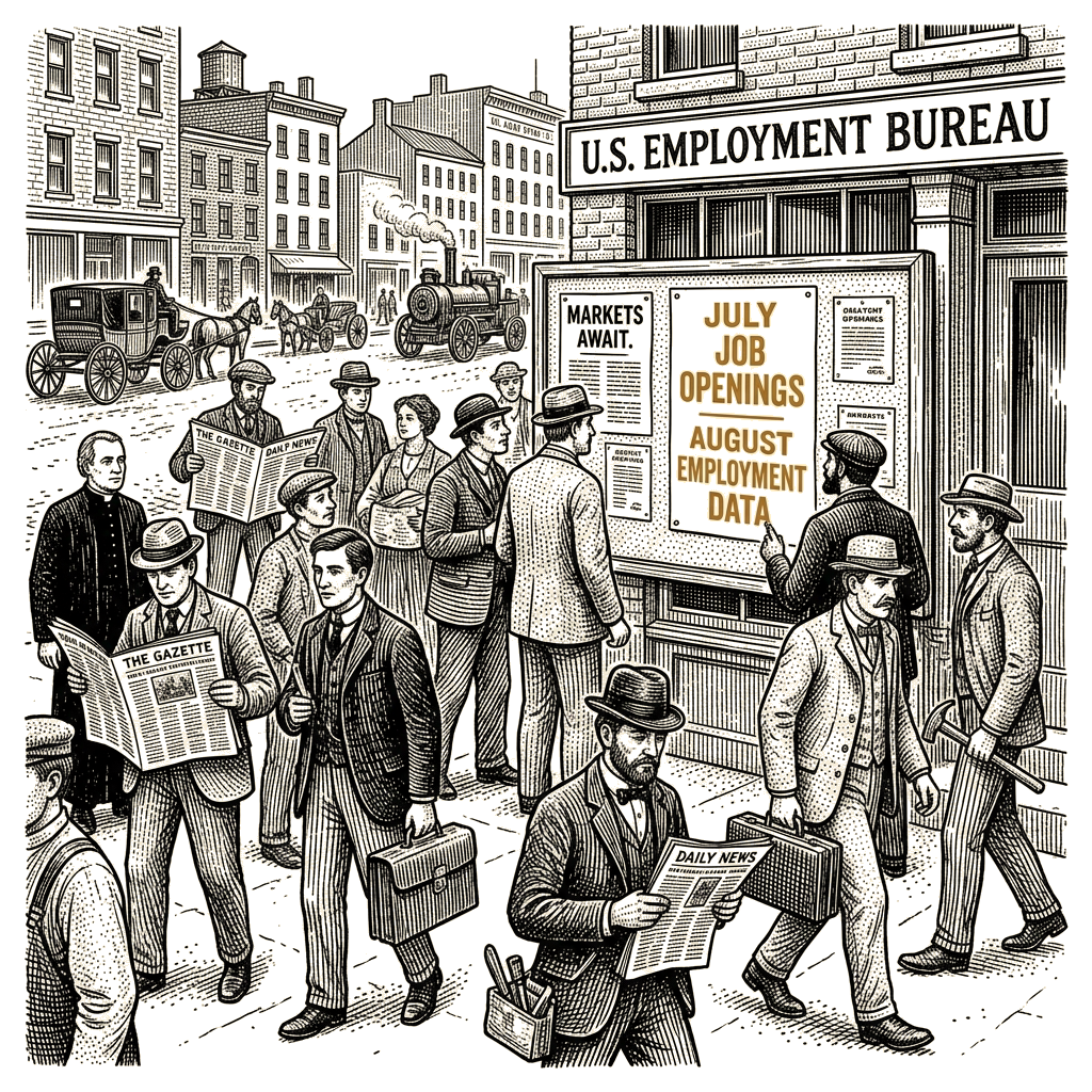 Illustration accompanying article: Markets await July job openings and August employment data