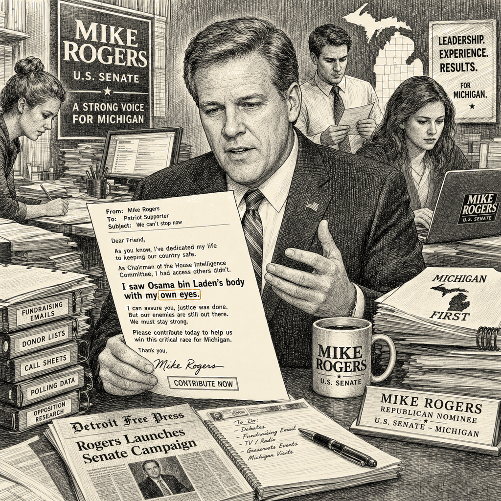 Illustration accompanying article: Mike Rogers' fundraising email says he saw Bin Laden's body with 'own eyes'