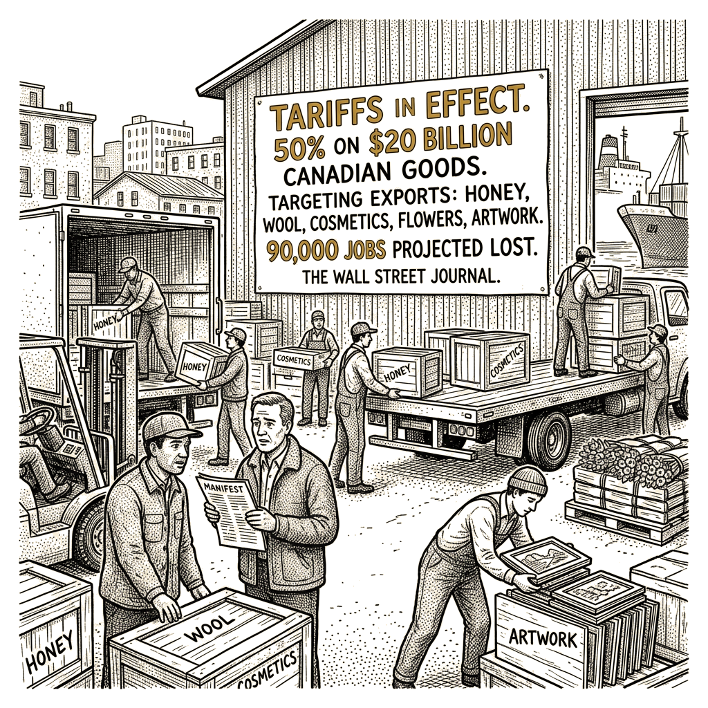 Illustration accompanying article: 50% U.S. tariffs take effect on $20 billion in Canadian goods; economists project 90,000…