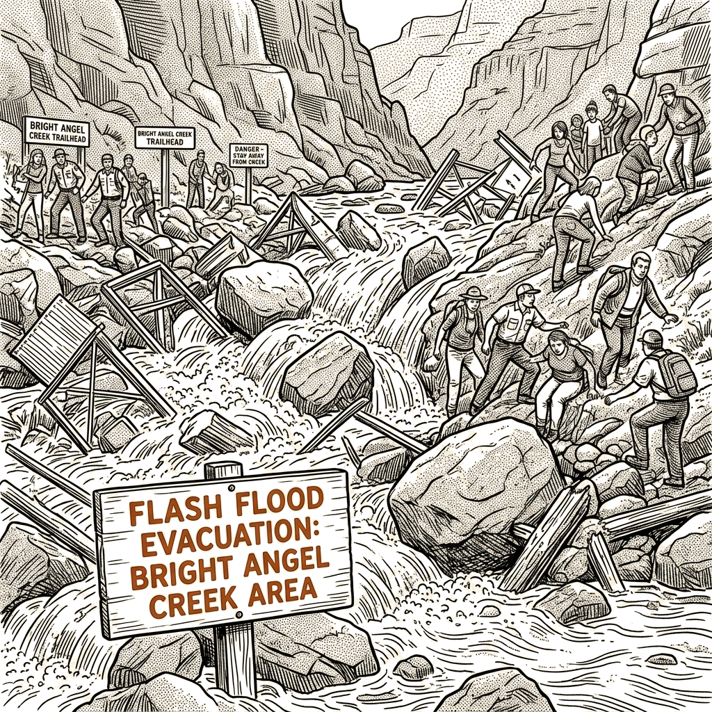 Illustration accompanying article: Bright Angel Creek flash flood forces dozens to evacuate Grand Canyon