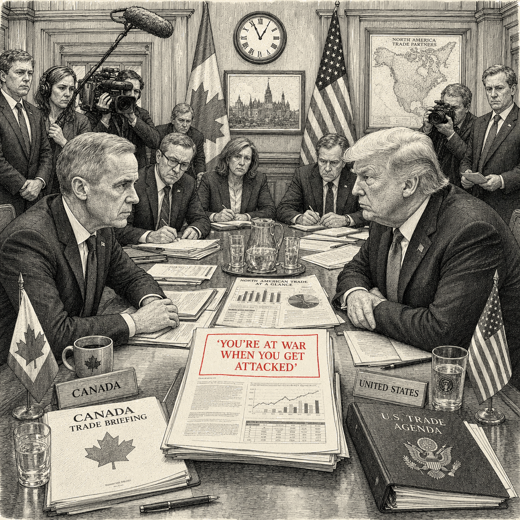 Illustration accompanying article: Carney says 'you're at war when you get attacked' in Guardian profile