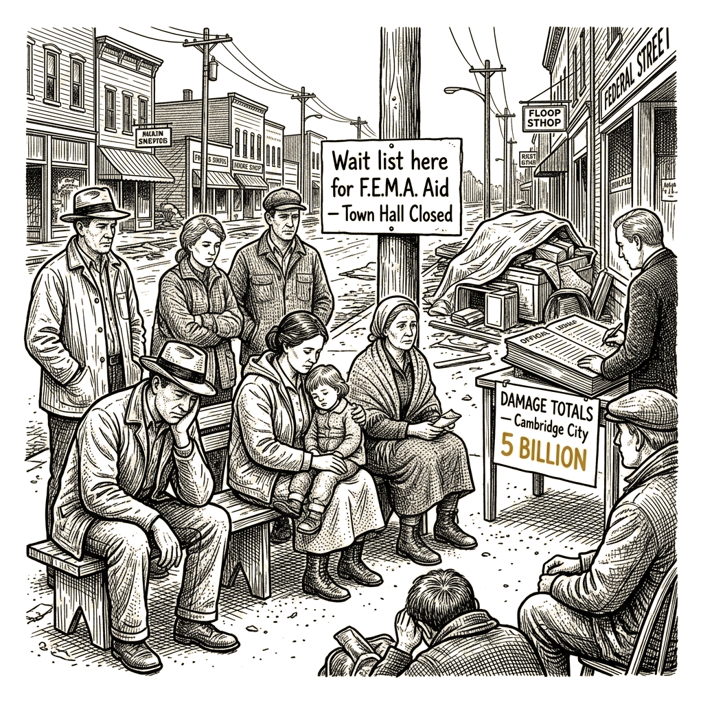 Illustration accompanying article: Indiana flood victims await federal aid as damage hits $5bn