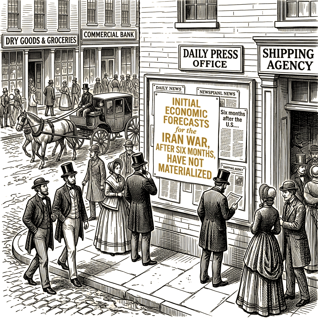 Illustration accompanying article: Iran war's initial economic forecasts have not materialized after six months