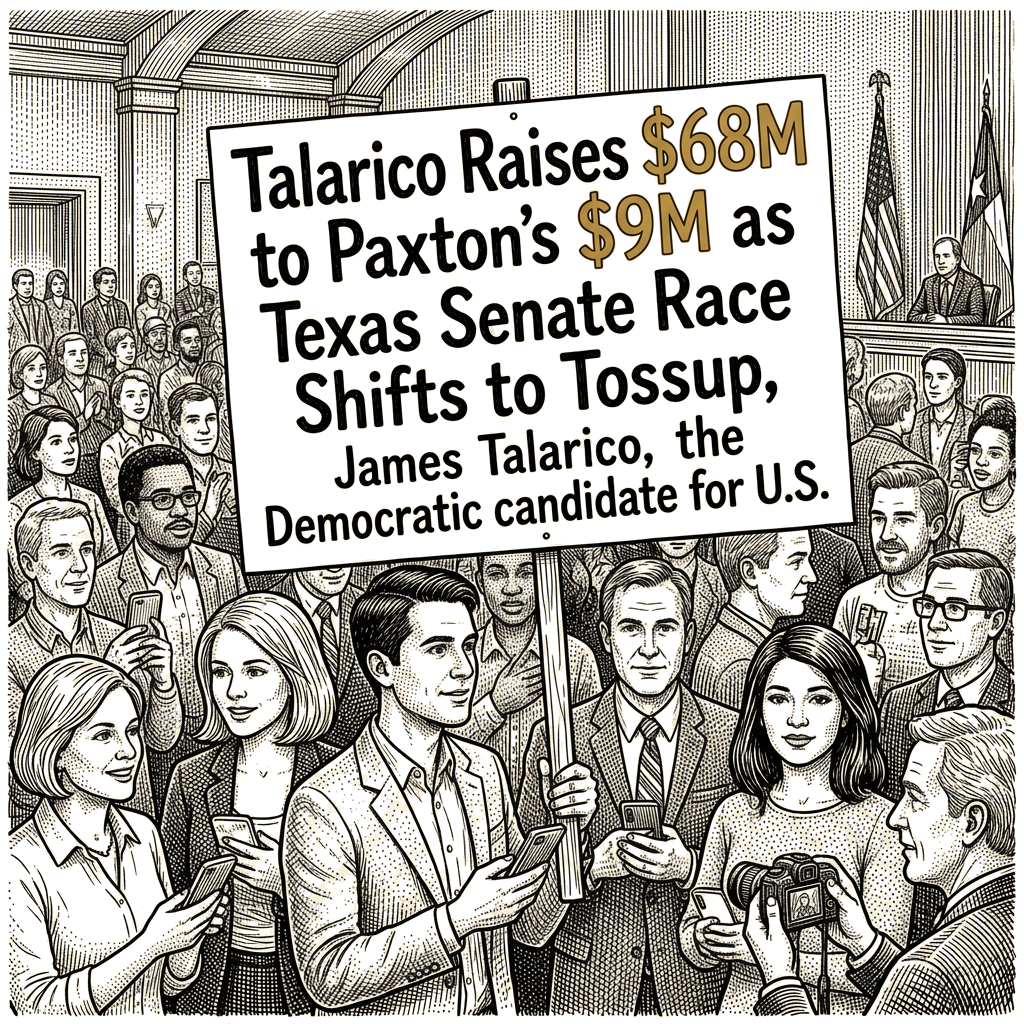 Illustration accompanying article: Talarico Raises $68M to Paxton's $9M as Texas Senate Race Shifts to Tossup