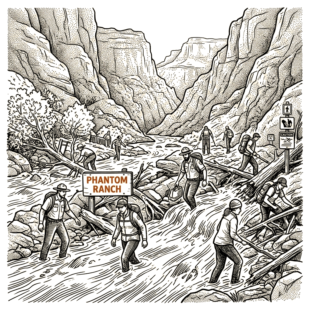 Illustration accompanying article: Flash flood at Grand Canyon's Phantom Ranch kills two, leaves 15 missing