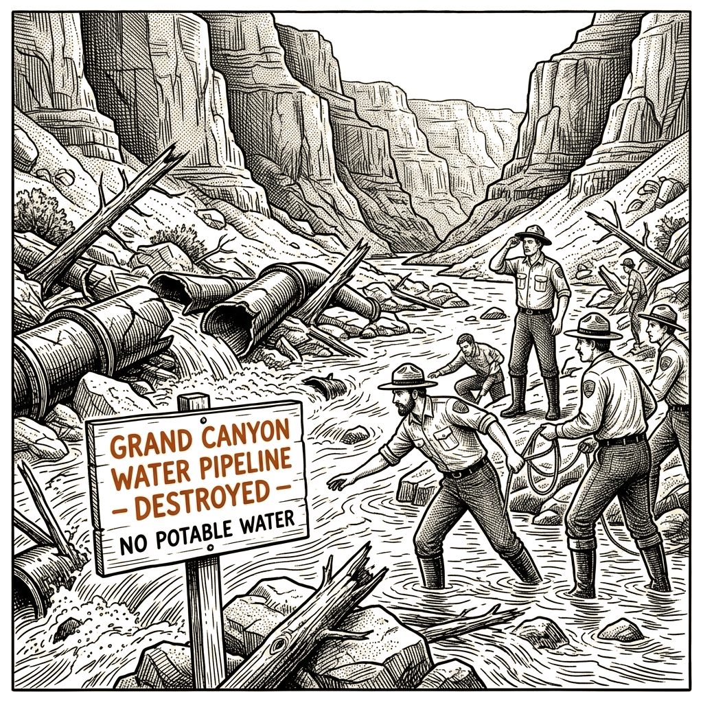 Illustration accompanying article: Grand Canyon flash flood kills one, destroys water pipeline