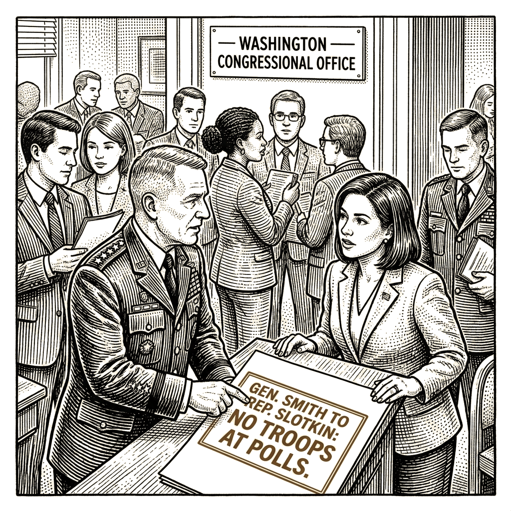 Illustration accompanying article: Joint Chiefs chairman tells Slotkin no troops will deploy to polls