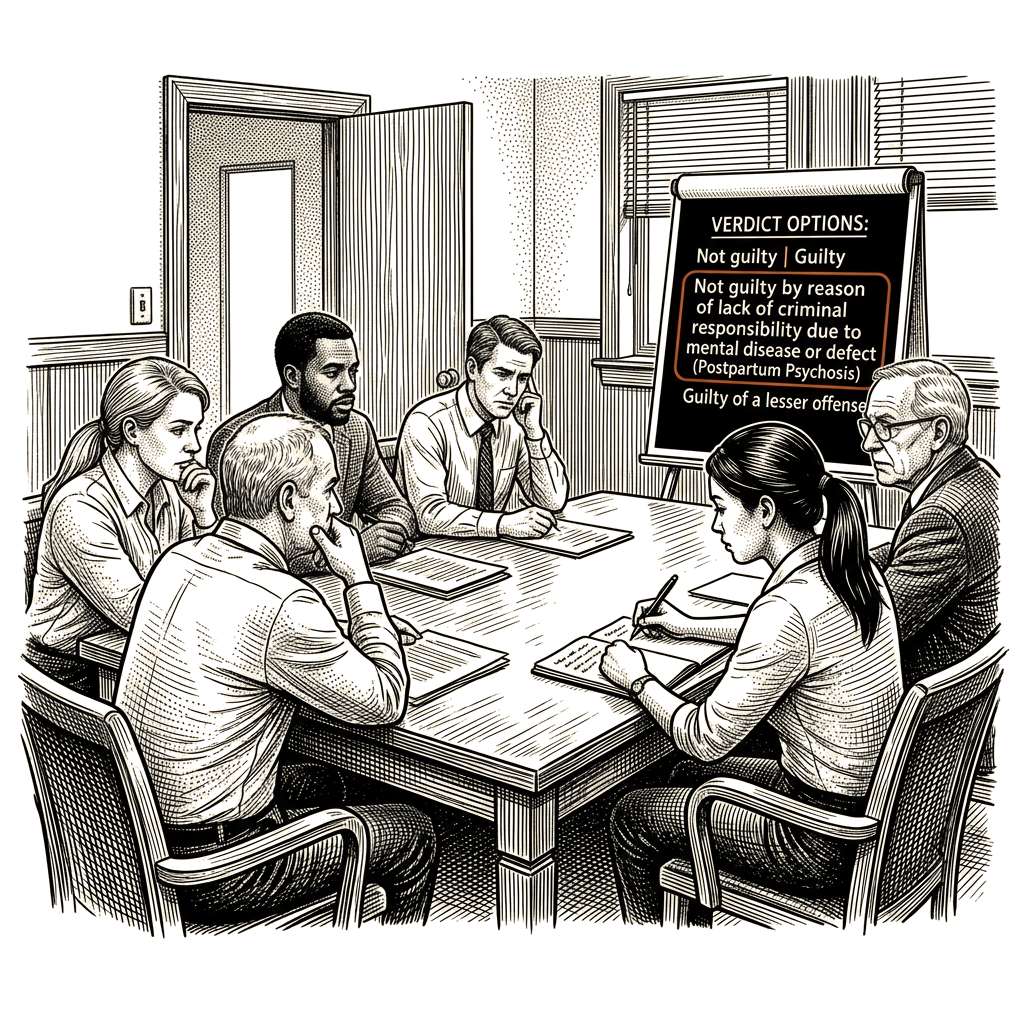 Illustration accompanying article: Jury weighs five verdict options in Clancy murder trial