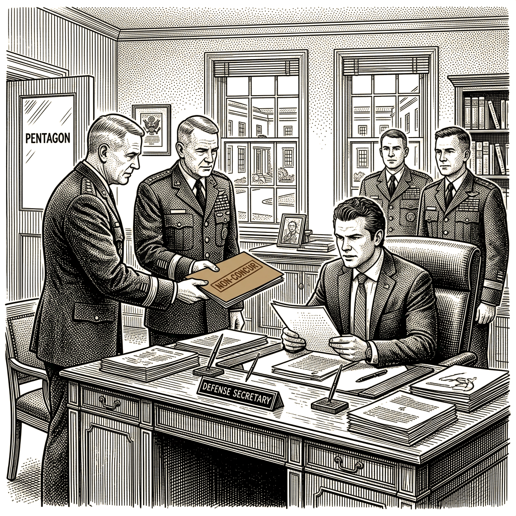 Illustration accompanying article: Pentagon says Hegseth regularly receives formal military objections on Iran