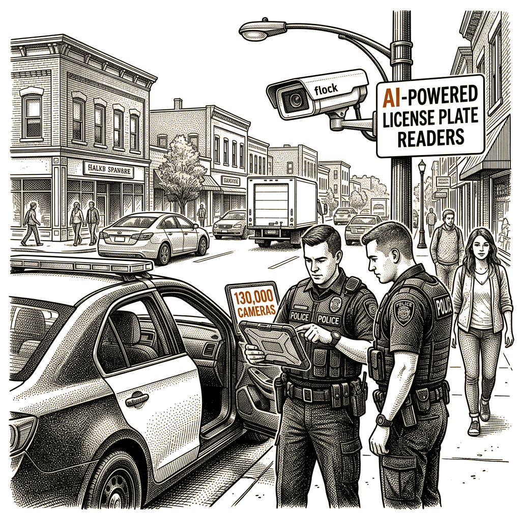 Illustration accompanying article: BBC Verify examines Flock's US license plate reader network