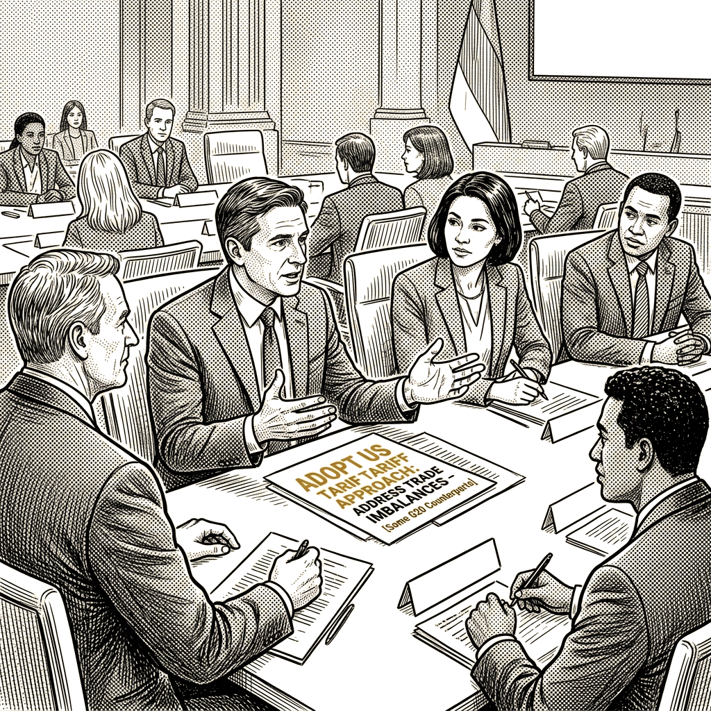 Illustration accompanying article: Bessent urges G20 counterparts to adopt US tariff approach
