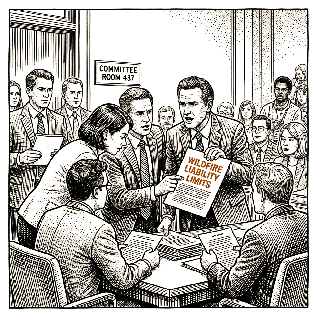 Illustration accompanying article: California lawmakers exclude Newsom's wildfire liability limits from bill