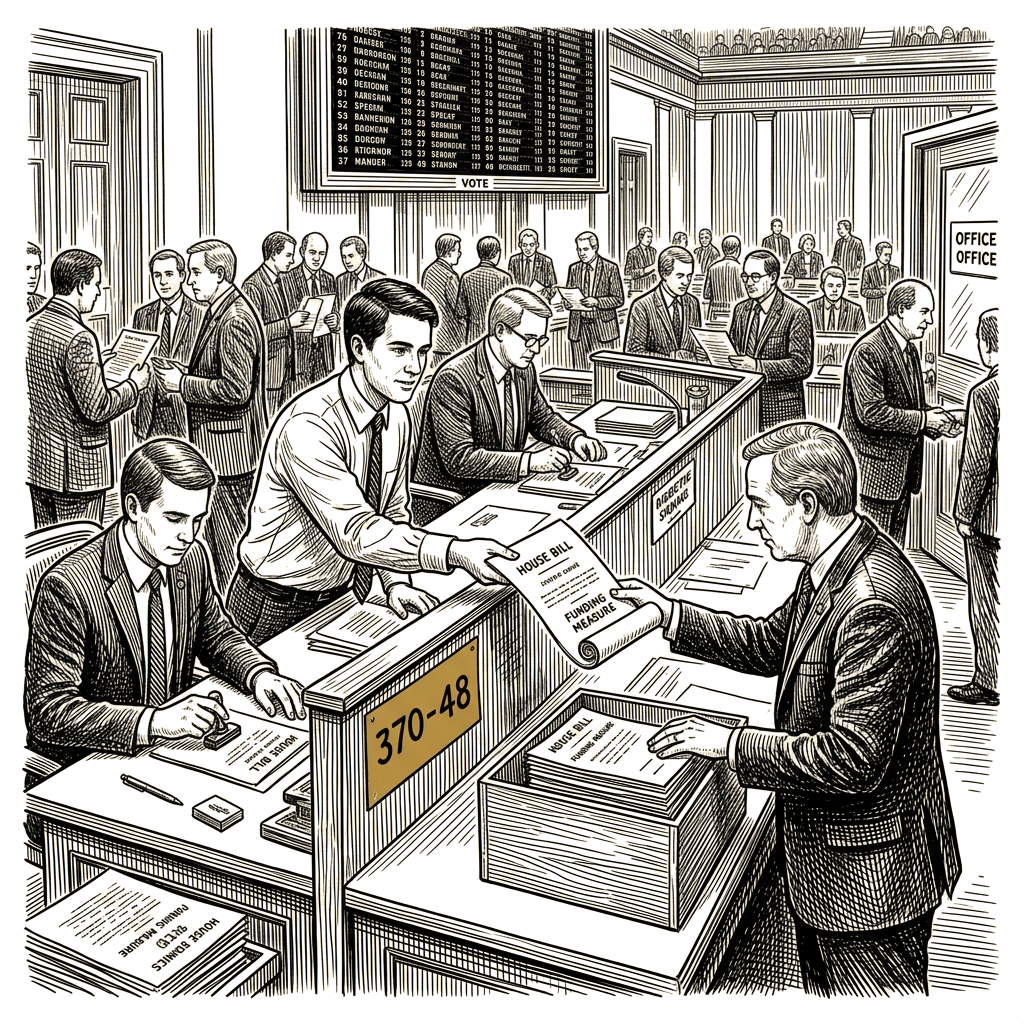 Illustration accompanying article: House sends stopgap funding bill to Trump after 370-48 vote