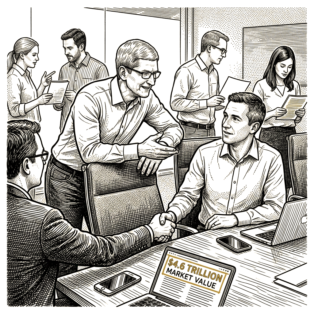 Illustration accompanying article: John Ternus takes over as Apple CEO from Tim Cook