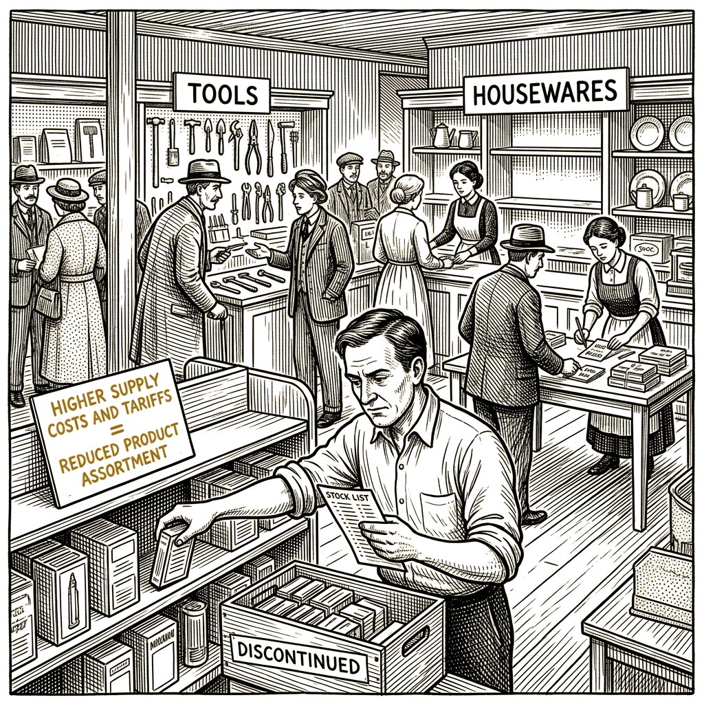 Illustration accompanying article: Retailers cut product choices as tariffs and supply costs rise