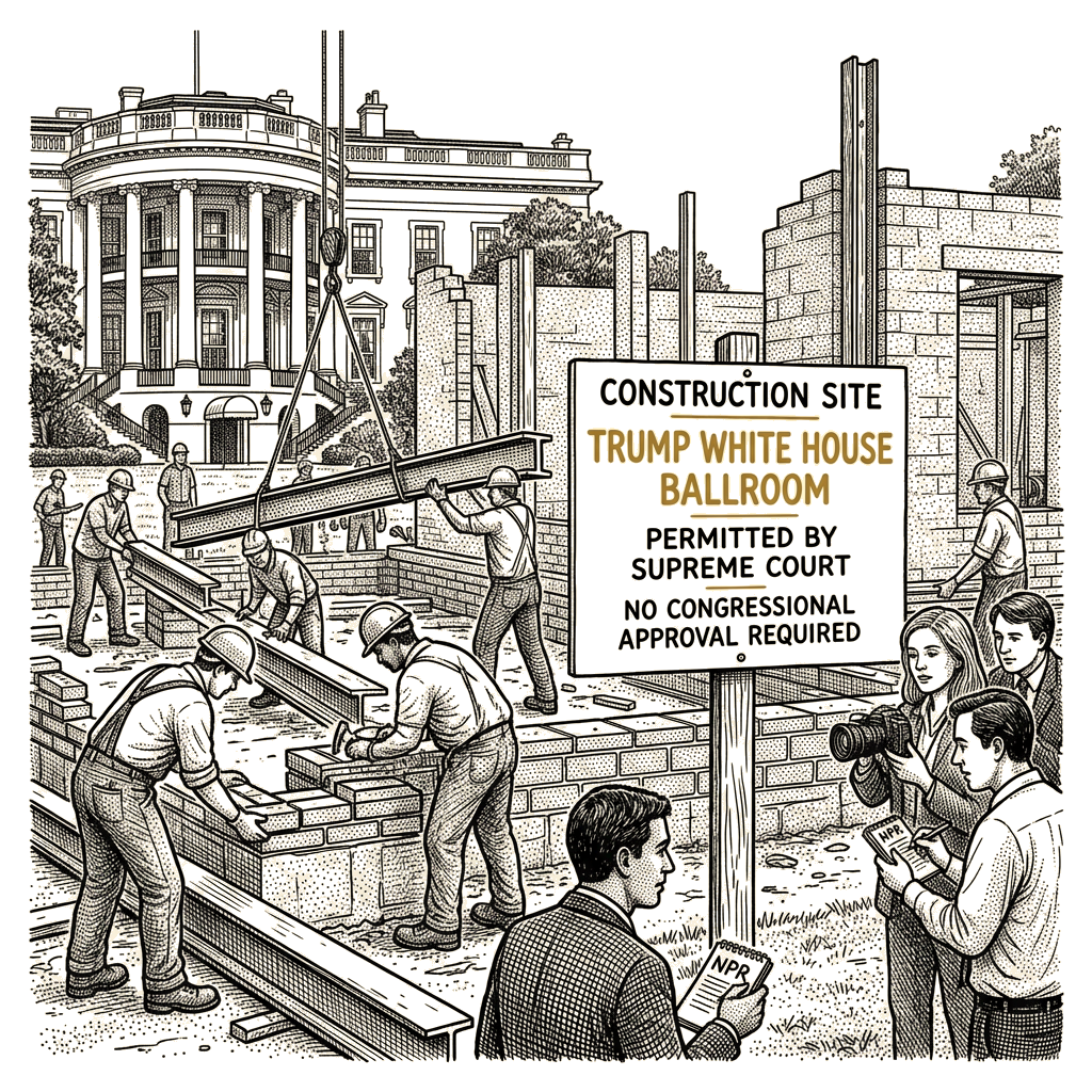 Illustration accompanying article: Supreme Court rules Trump can build White House ballroom without Congress