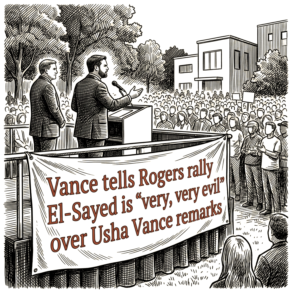 Illustration accompanying article: Vance tells Rogers rally El-Sayed is 'very, very evil' over Usha Vance remarks
