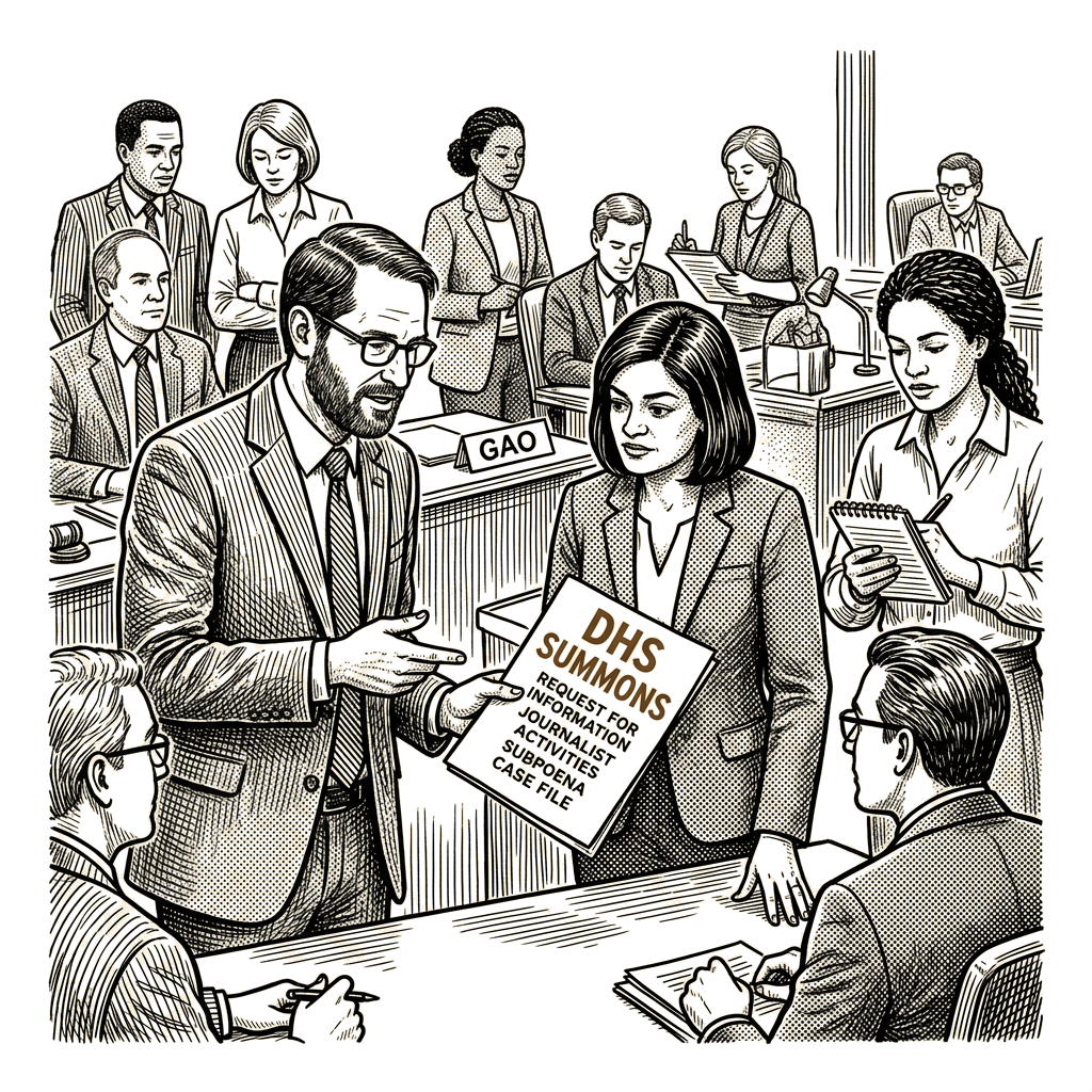 Illustration accompanying article: Wyden, Jayapal ask GAO to investigate DHS use of summonses against journalists