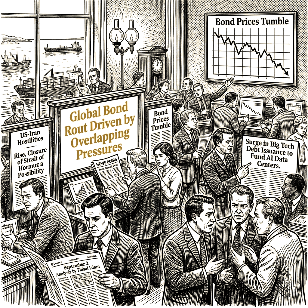 Illustration accompanying article: Big Tech borrowing and Iran tensions drive global bond rout