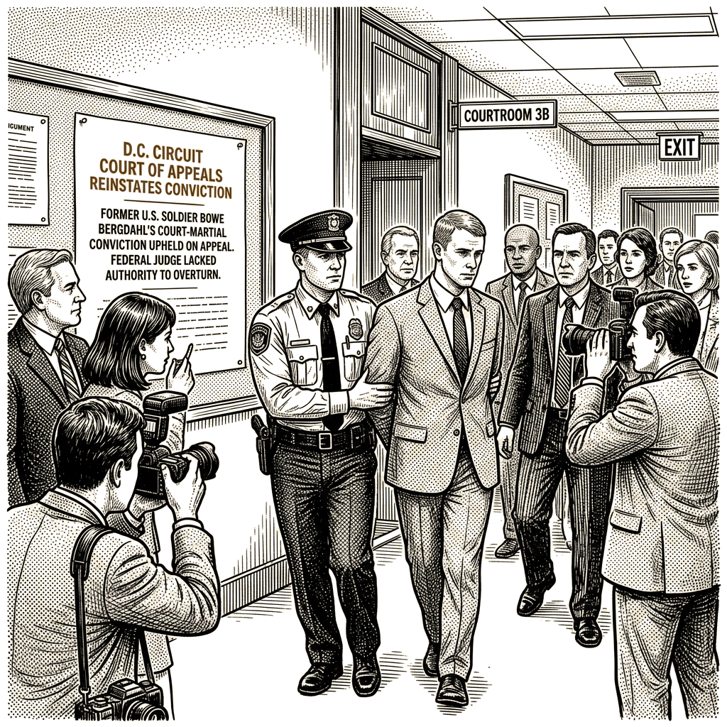 Illustration accompanying article: D.C. Circuit reinstates Bowe Bergdahl's court-martial conviction