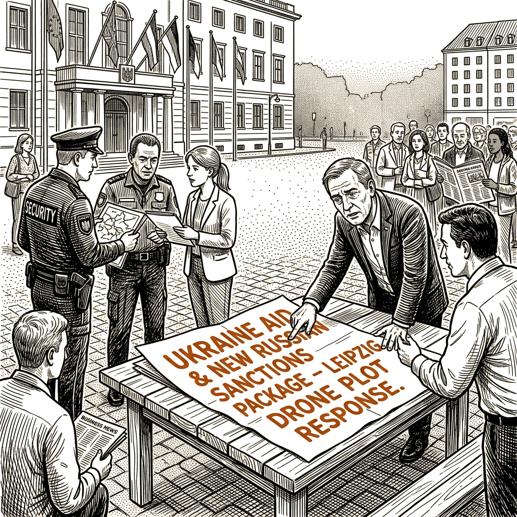 Illustration accompanying article: Europe presses Russia with sanctions, Ukraine aid after Leipzig drone plot
