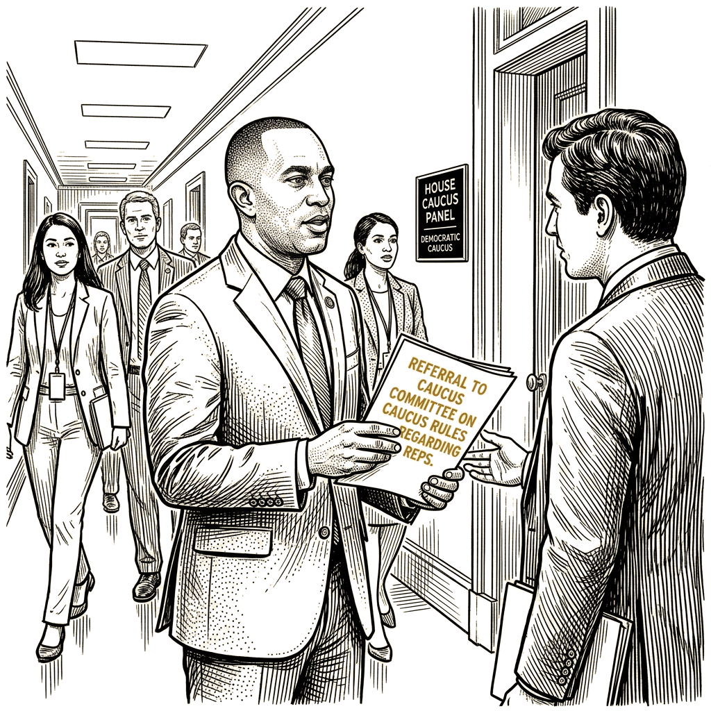 Illustration accompanying article: Jeffries refers two House Democrats to caucus panel after backing GOP rule