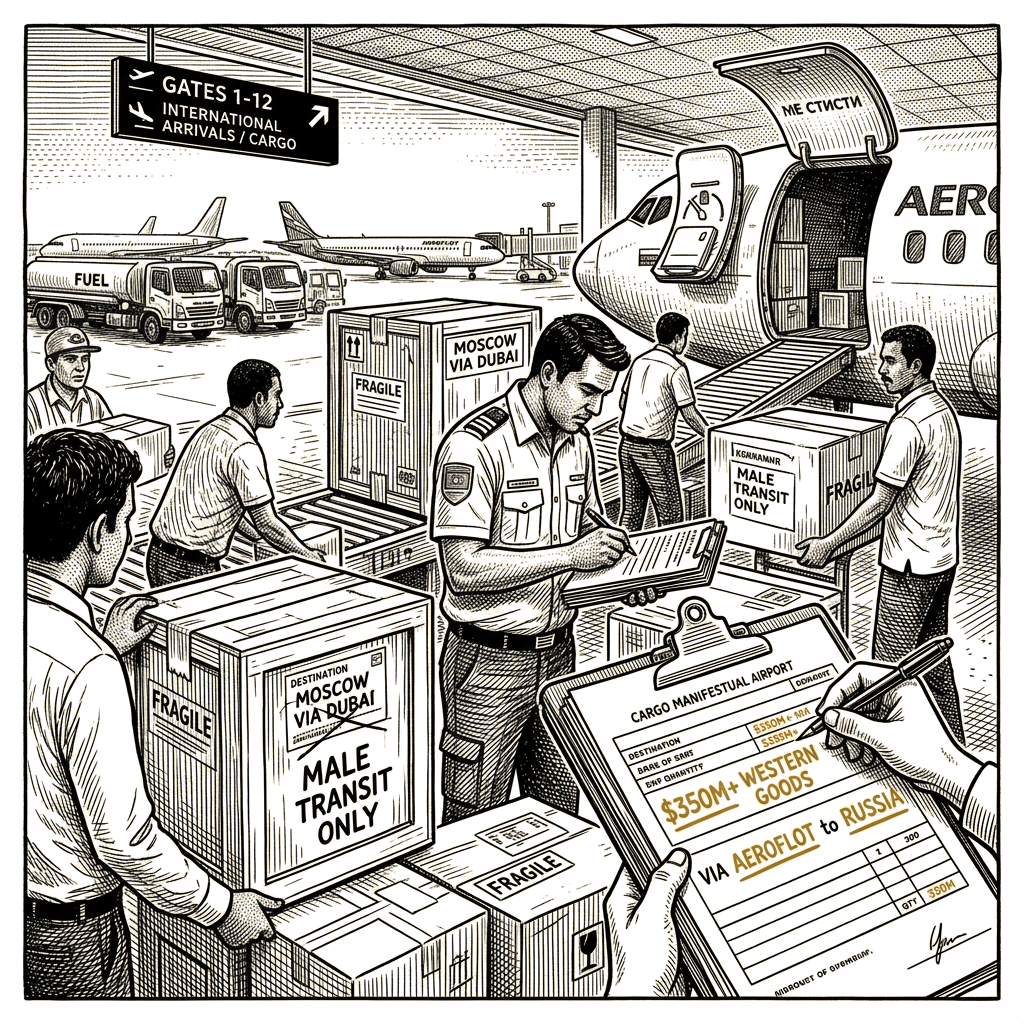 Illustration accompanying article: Maldives airport funnels restricted Western goods to Russia, records show