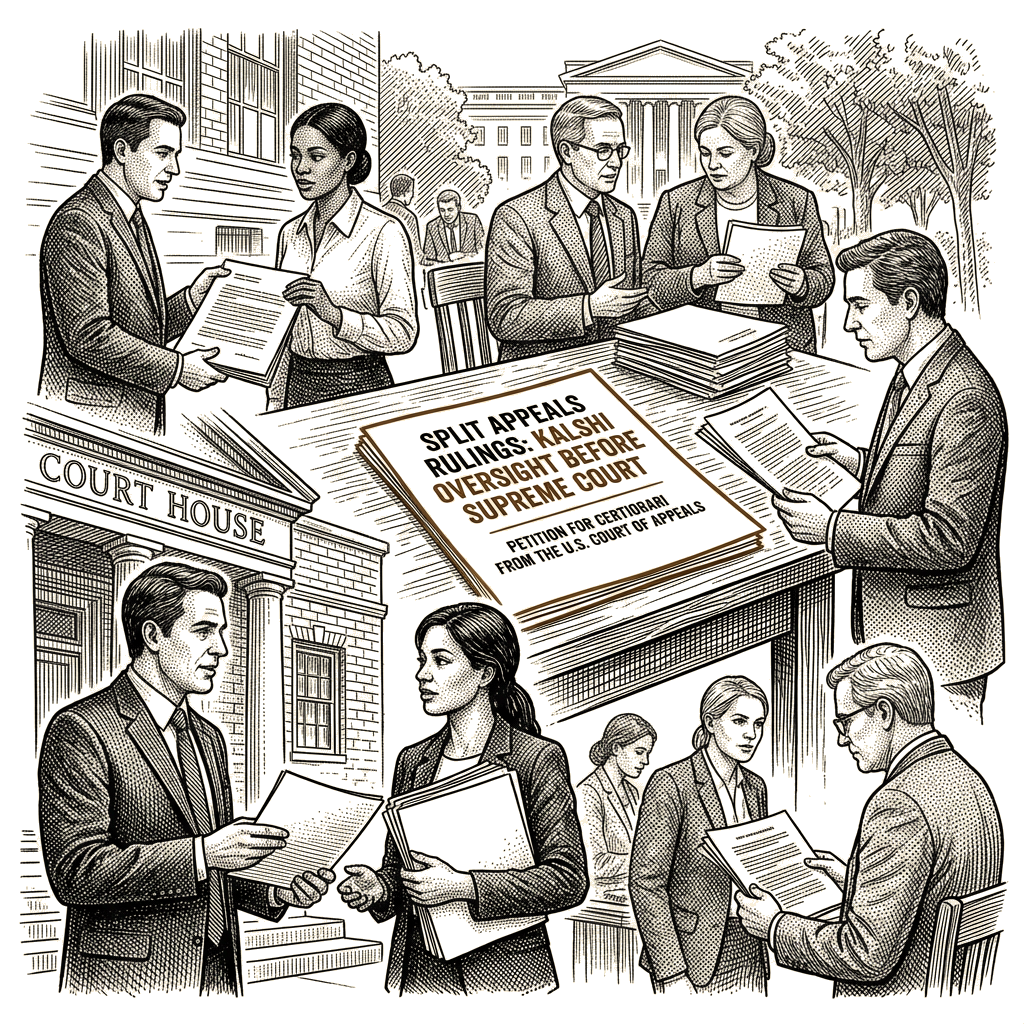 Illustration accompanying article: Split appeals rulings put Kalshi oversight before Supreme Court