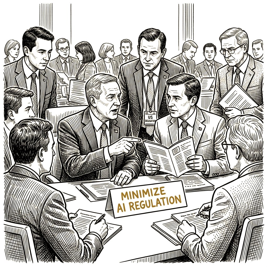 Illustration accompanying article: Tech executives, Trump officials urge G-20 to minimize AI regulation