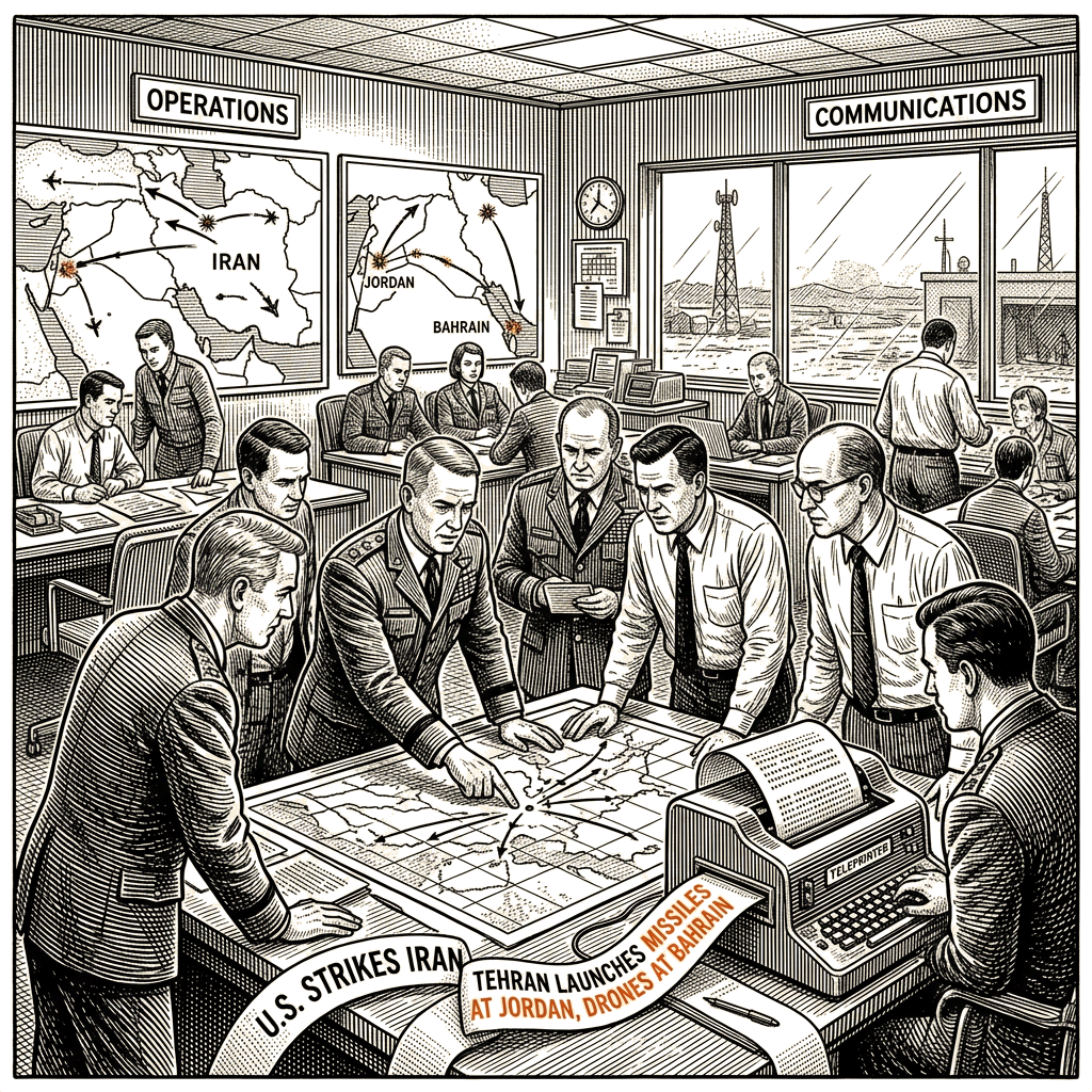 Illustration accompanying article: U.S. strikes Iran; Tehran launches missiles at Jordan, drones at Bahrain