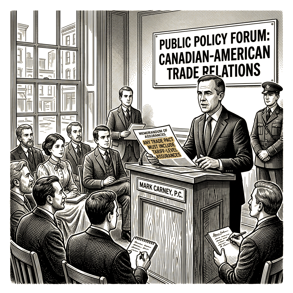 Illustration accompanying article: Carney says any US trade pact must include tariff-level assurances