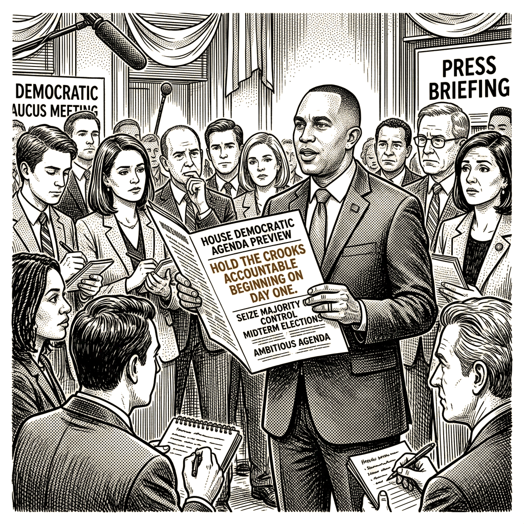 Illustration accompanying article: Jeffries previews Democratic agenda for potential House majority