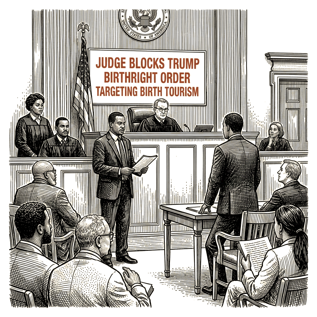 Illustration accompanying article: Maryland judge blocks Trump birthright order targeting birth tourism