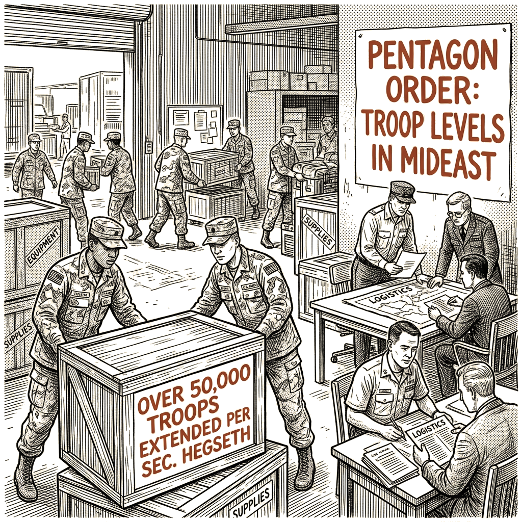 Illustration accompanying article: Pentagon keeps 50,000 troops in Mideast as Trump weighs declaring war over
