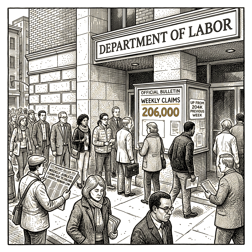 Illustration accompanying article: Weekly jobless claims rise to 206,000 as layoffs stay near historic lows