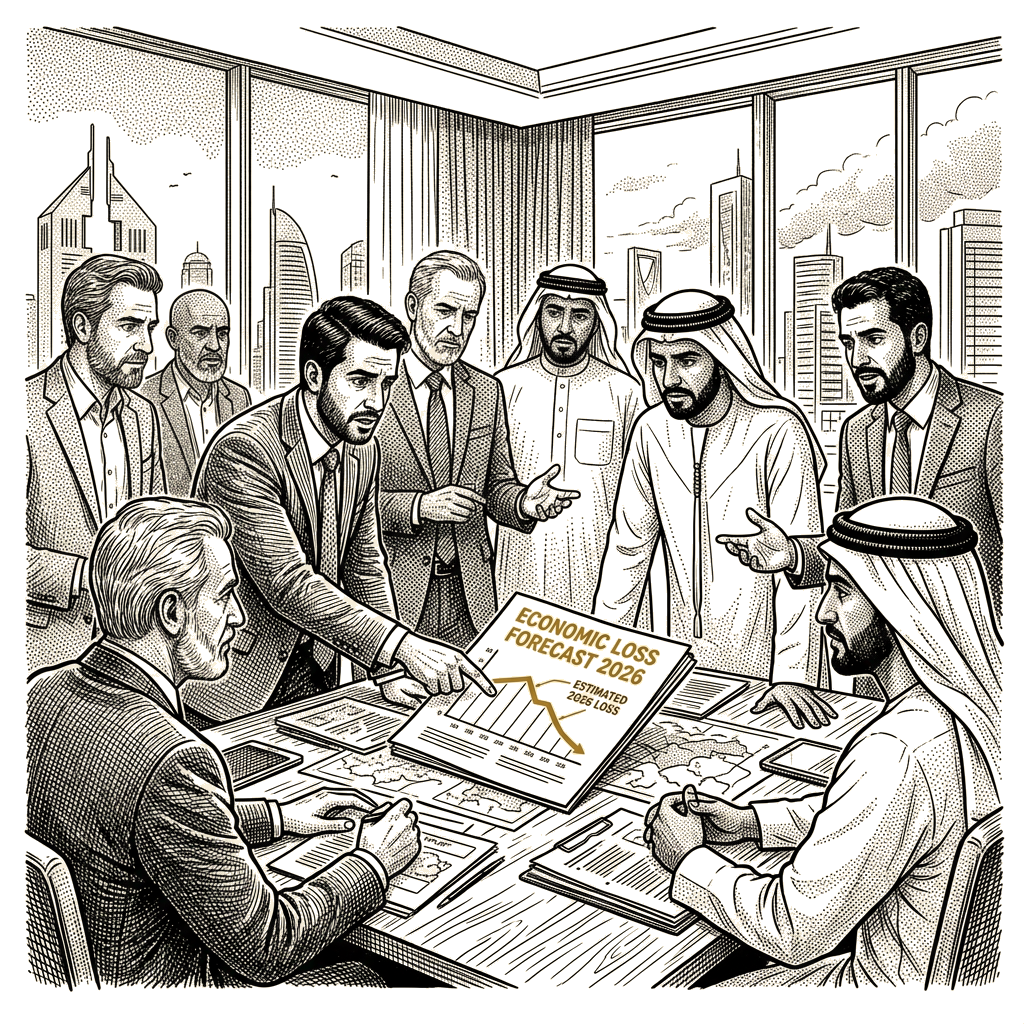 Illustration accompanying article: Gulf leaders write off 2026 as US-Iran war enters seventh month