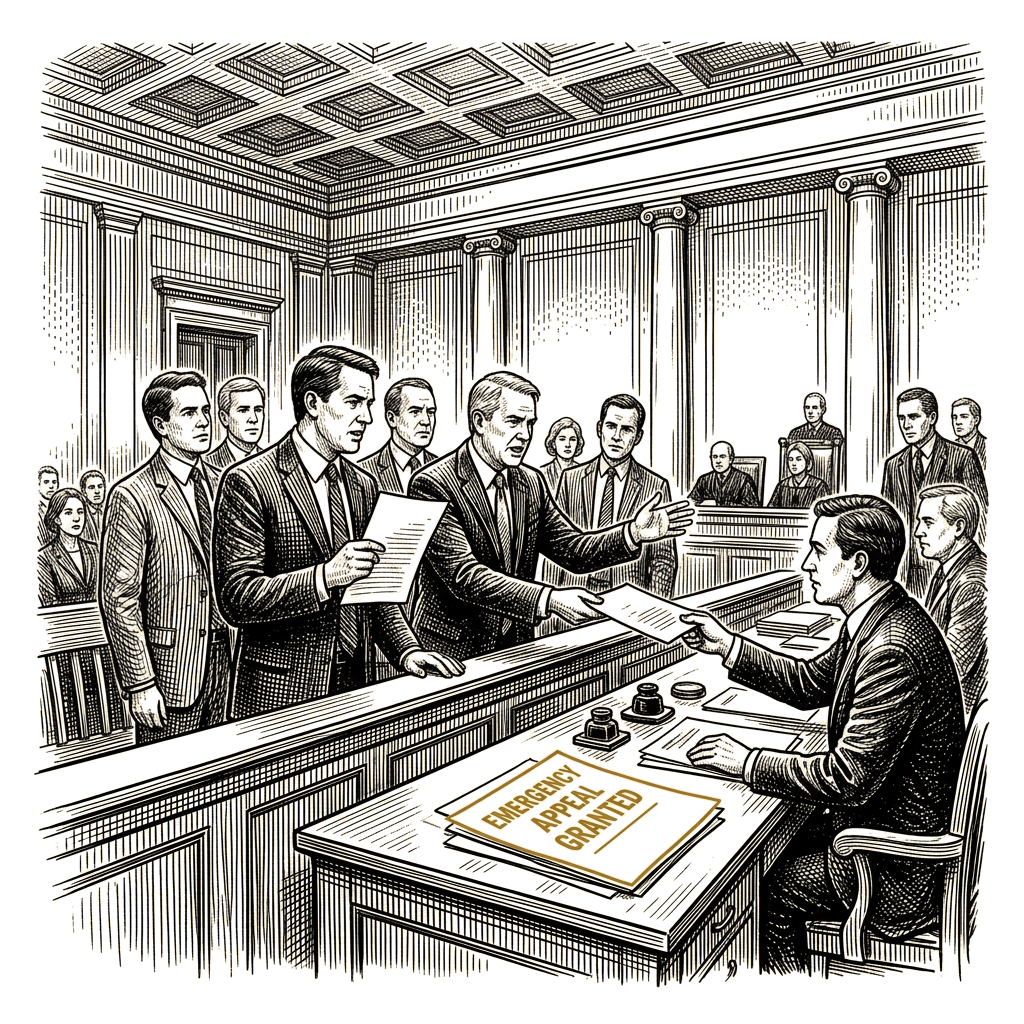 Illustration accompanying article: Supreme Court halts lower-court ruling on party campaign TV ads