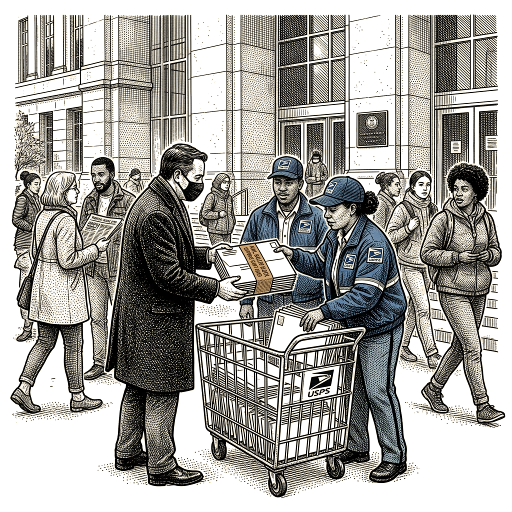 Illustration accompanying article: Trump administration asks Supreme Court to lift USPS mail-ballot block