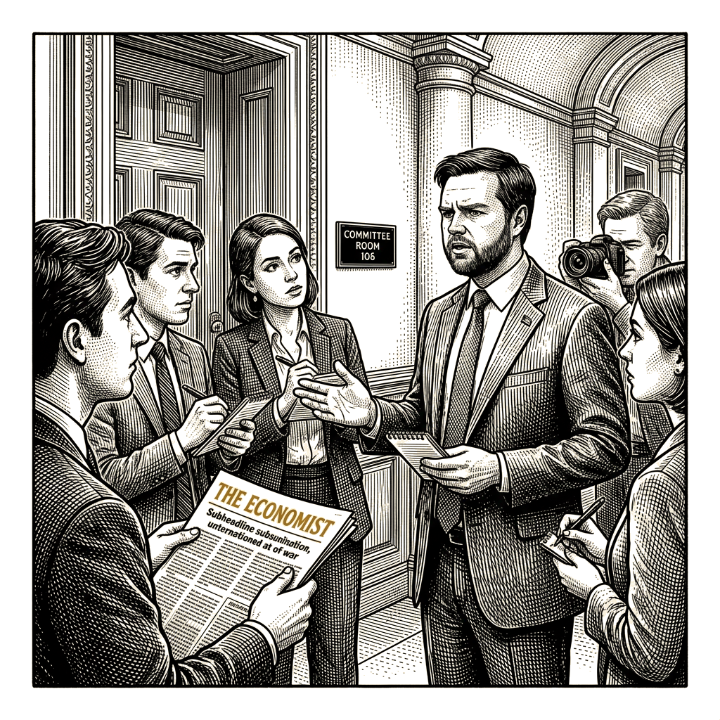 Illustration accompanying article: Vance rejects 'war' label for Iran fighting, cites no active shooting