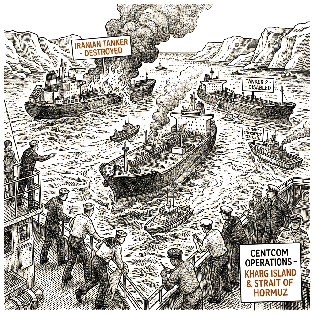 Illustration accompanying article: Centcom strikes three Iranian oil tankers after IRGC attacks US warships