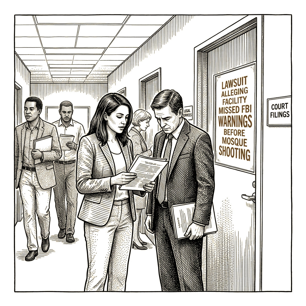 Illustration accompanying article: Lawsuit says treatment facility missed FBI warnings before mosque shooting