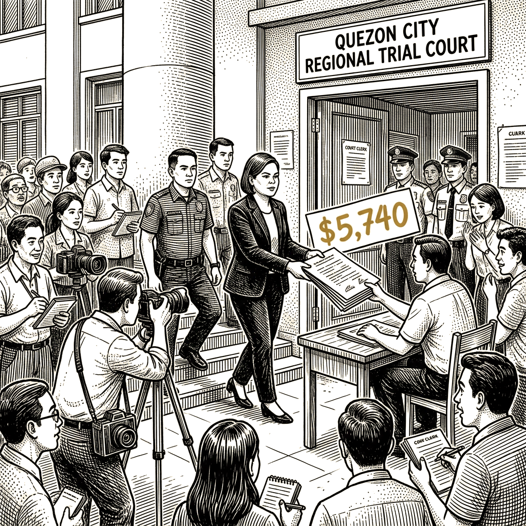 Illustration accompanying article: Sara Duterte posts $5,740 bail on three grave-threat counts at Quezon court