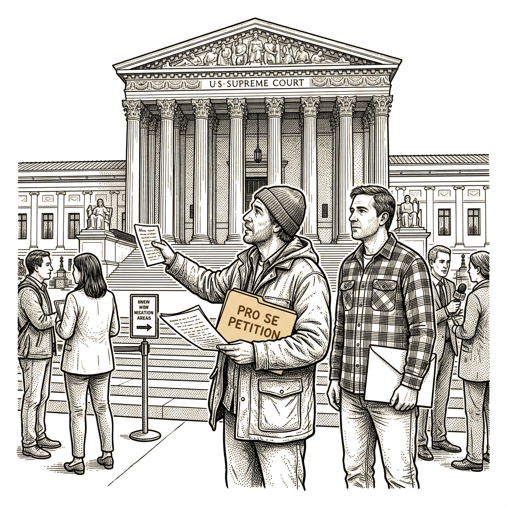 Illustration accompanying article: Two men without lawyers reach Supreme Court for fall arguments