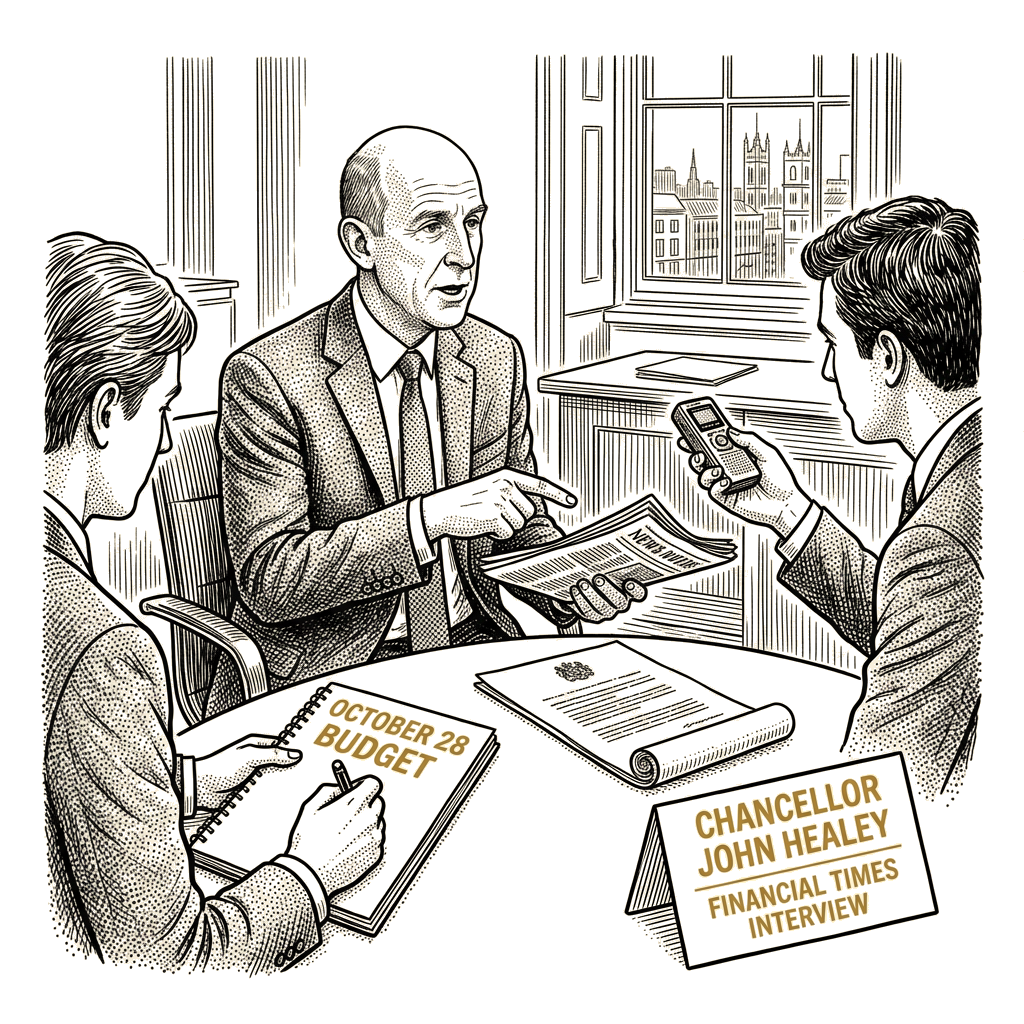 Illustration accompanying article: UK chancellor John Healey tells Financial Times October 28 budget will be