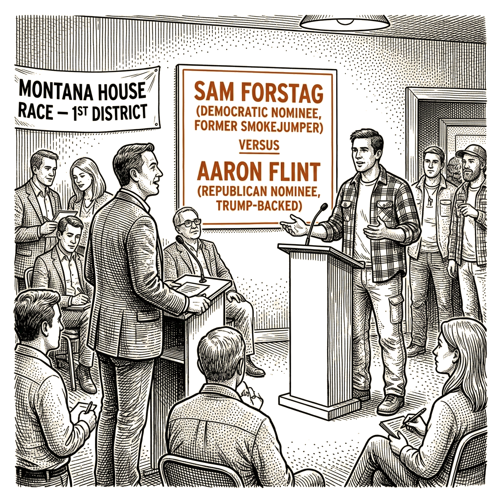 Illustration accompanying article: Former smokejumper Forstag faces Trump-backed Flint in Montana House race