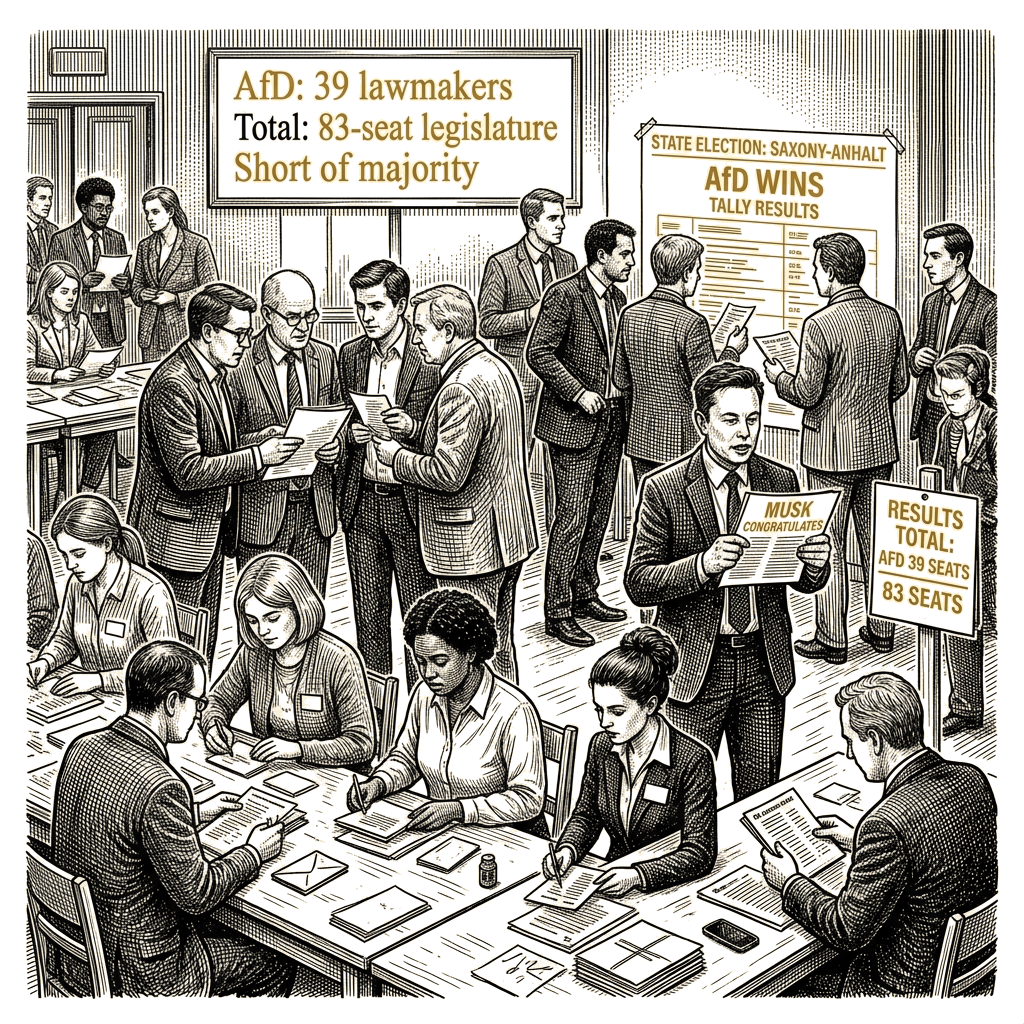 Illustration accompanying article: AfD wins Saxony-Anhalt state election, Musk congratulates party