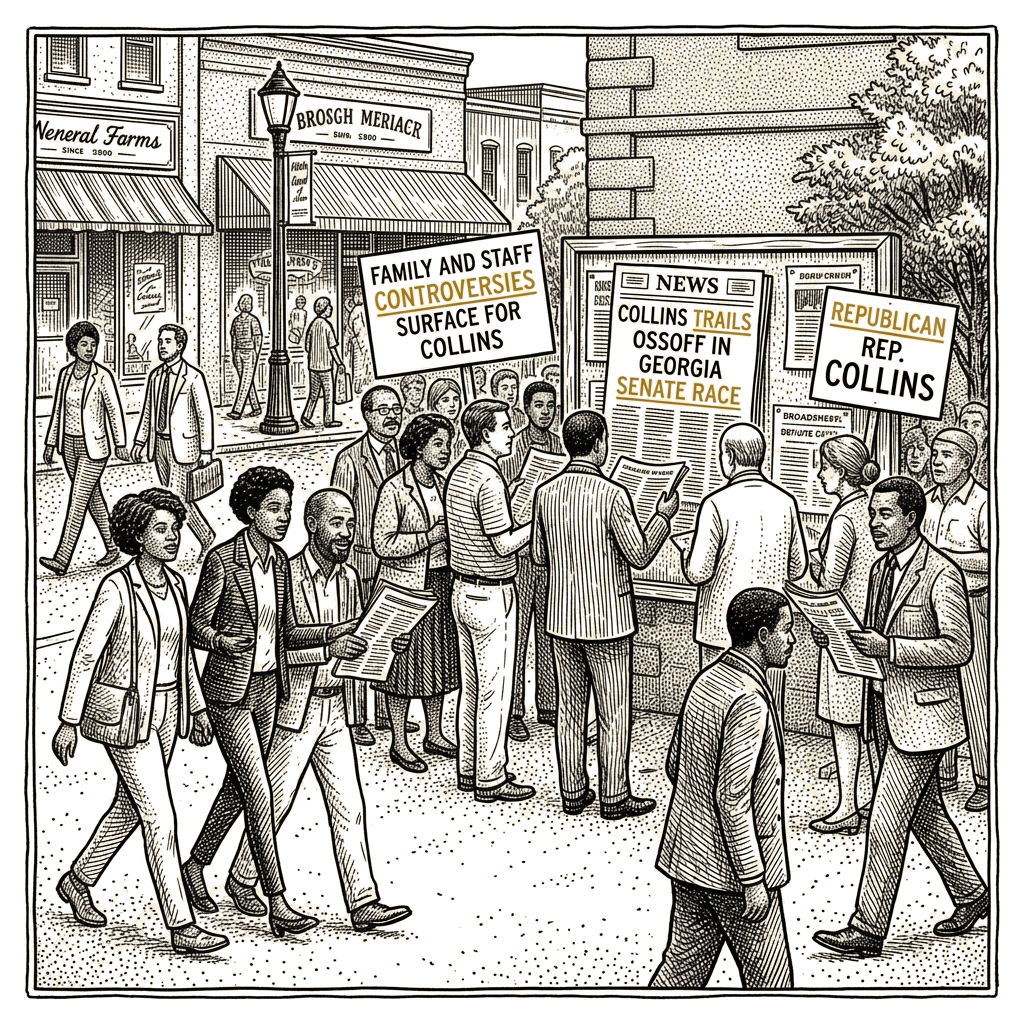 Illustration accompanying article: Collins trails Ossoff in Georgia Senate race as family and staff controversies surface